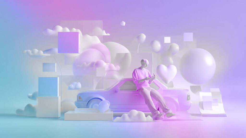 un profilo umano appoggiato ad un'auto stilizzata su background astratto